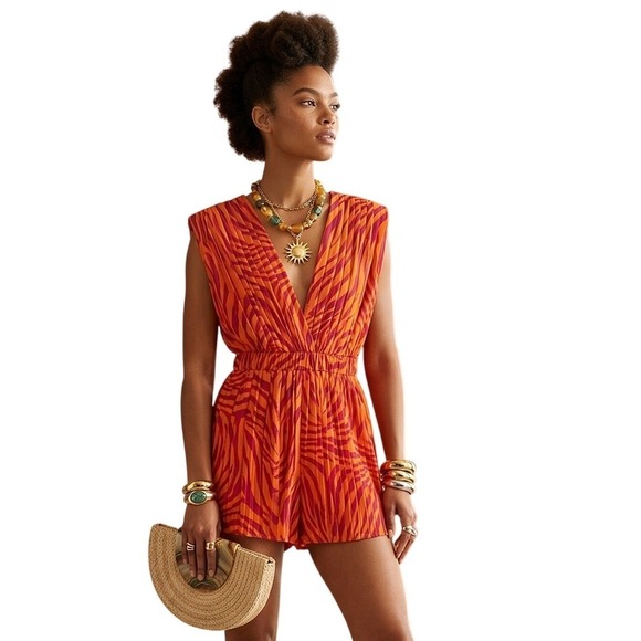 PrettyLittleThing Pants - PrettyLittleThing Pink Orange Zebra Pleated Plunge Playsuit Romper UK 8 US 4